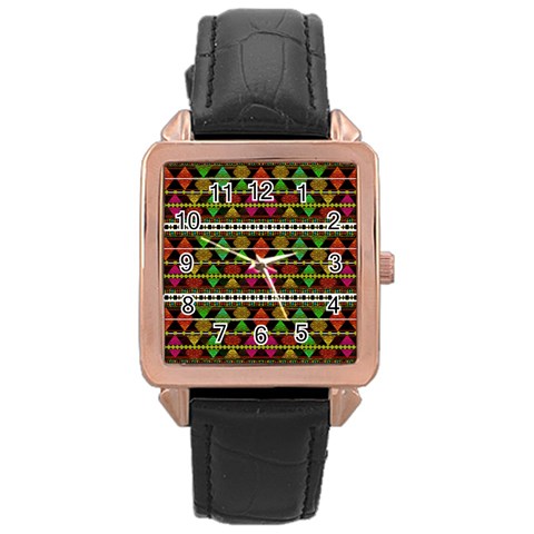 Aztec Style Pattern Rose Gold Leather Watch  from ArtsNow.com Front