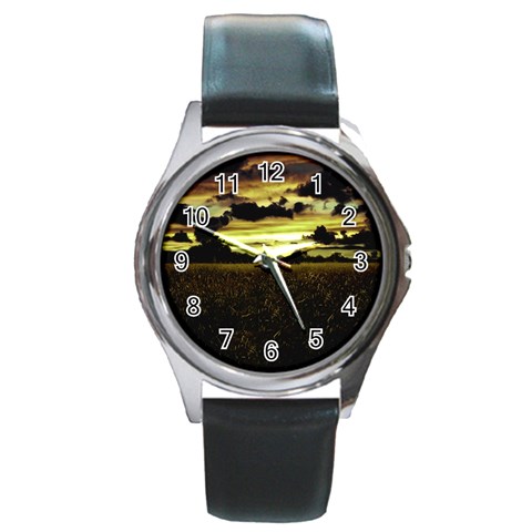 Dark Meadow Landscape  Round Leather Watch (Silver Rim) from ArtsNow.com Front