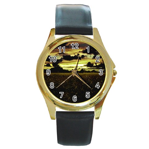 Dark Meadow Landscape  Round Leather Watch (Gold Rim)  from ArtsNow.com Front