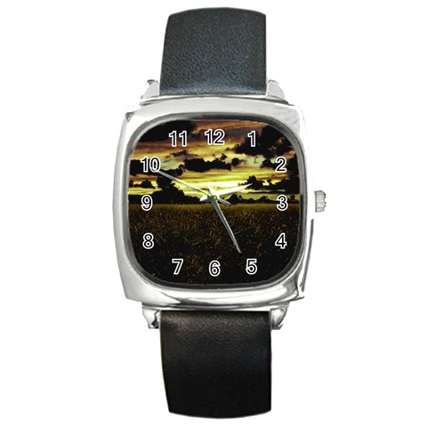 Dark Meadow Landscape  Square Leather Watch from ArtsNow.com Front