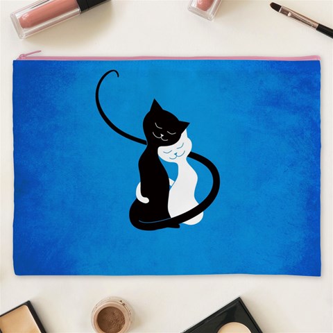 Blue White And Black Cats In Love Cosmetic Bag (XXXL) from ArtsNow.com Front