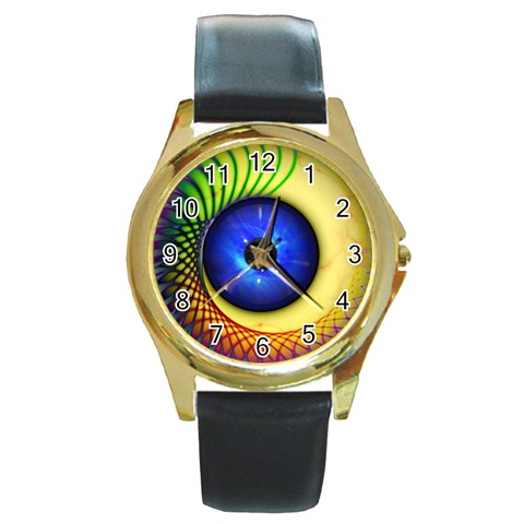 Eerie Psychedelic Eye Round Leather Watch (Gold Rim)  from ArtsNow.com Front