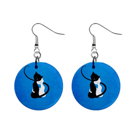 Blue White And Black Cats In Love Mini Button Earrings from ArtsNow.com Front