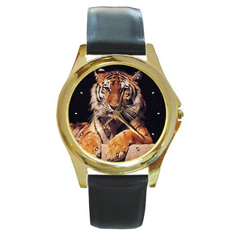 Bengal Tiger Round Gold Metal Watch from ArtsNow.com Front