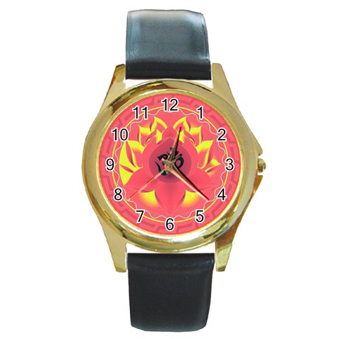 OM Lotus Round Gold Metal Watch from ArtsNow.com Front