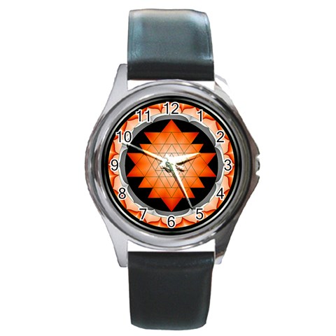 Orange_Sri_Yantra Round Metal Watch from ArtsNow.com Front