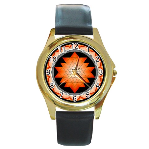 Orange_Sri_Yantra Round Gold Metal Watch from ArtsNow.com Front