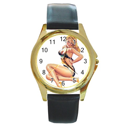 popular pinup Round Gold Metal Watch from ArtsNow.com Front