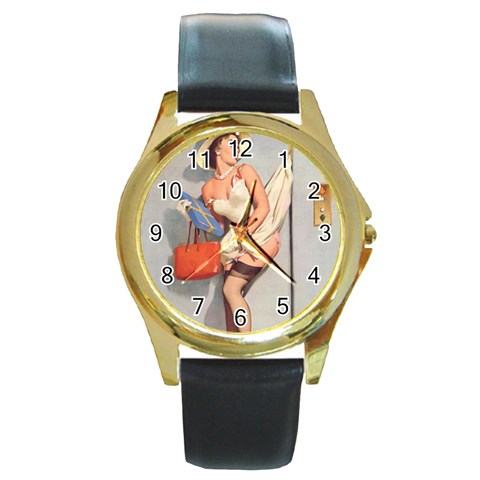 pinup_10 Round Gold Metal Watch from ArtsNow.com Front