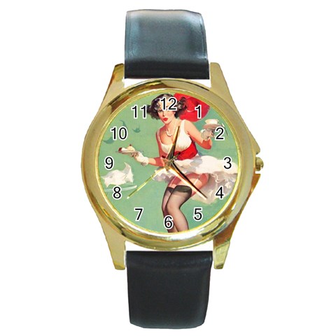 pinup_1 Round Gold Metal Watch from ArtsNow.com Front