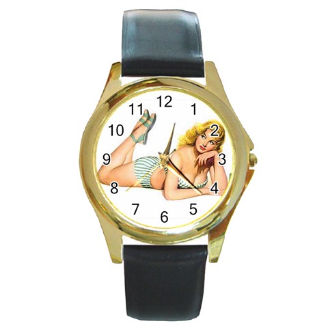 PINUP RADIO Round Gold Metal Watch from ArtsNow.com Front