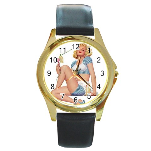 pinup girl blue Round Gold Metal Watch from ArtsNow.com Front