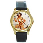 horned_pinup Round Gold Metal Watch