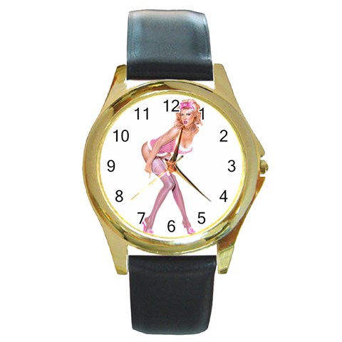 blondePinupPinkFluffy Round Gold Metal Watch from ArtsNow.com Front