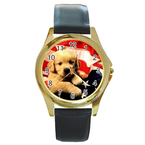 Dog_puppy_pictures Round Gold Metal Watch from ArtsNow.com Front