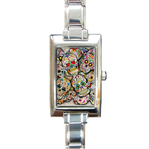 Sugar Skull Collage Rectangular Italian Charm Watch from ArtsNow.com Front