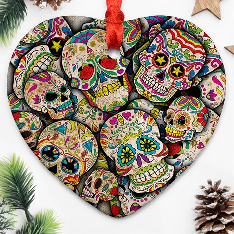 Sugar Skull Collage Ornament (Heart) from ArtsNow.com Front