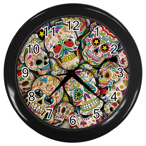 Sugar Skull Collage Wall Clock (Black) from ArtsNow.com Front