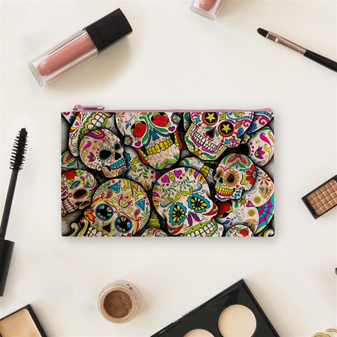 Sugar Skull Collage Cosmetic Bag (Small) from ArtsNow.com Front