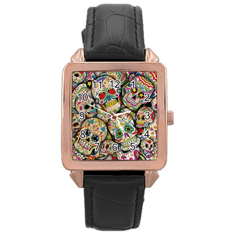 Sugar Skull Collage Rose Gold Leather Watch  from ArtsNow.com Front