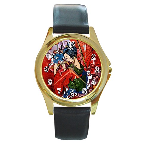 Geisha Round Gold Metal Watch from ArtsNow.com Front