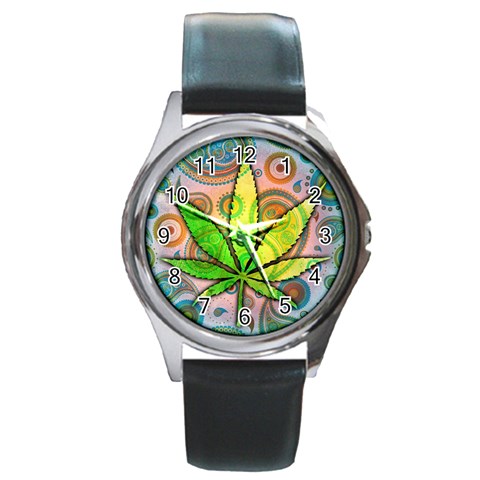 Ganja Round Metal Watch from ArtsNow.com Front