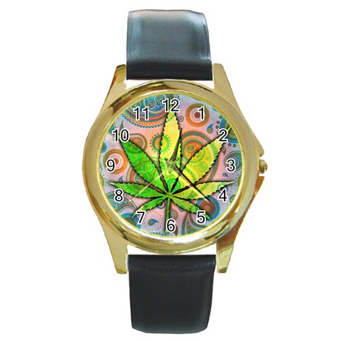 Ganja Round Gold Metal Watch from ArtsNow.com Front