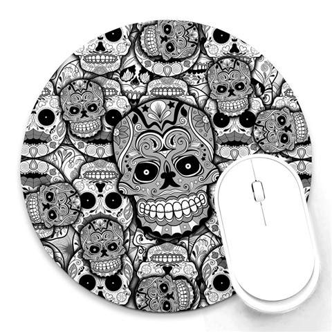 Sugar Skulls   Black And White Round Mousepad from ArtsNow.com Front