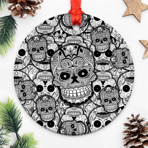 Sugar Skulls   Black And White Ornament (Round) from ArtsNow.com Front