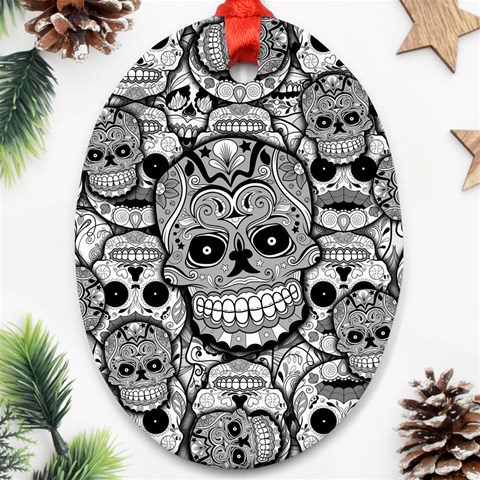 Sugar Skulls   Black And White Ornament (Oval) from ArtsNow.com Front