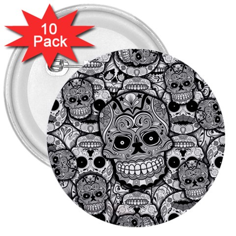 Sugar Skulls   Black And White 3  Button (10 pack) from ArtsNow.com Front