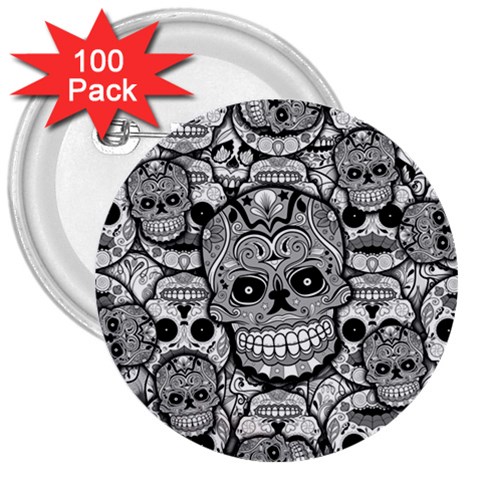 Sugar Skulls   Black And White 3  Button (100 pack) from ArtsNow.com Front