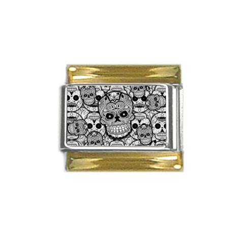 Sugar Skulls   Black And White Gold Trim Italian Charm (9mm) from ArtsNow.com Front