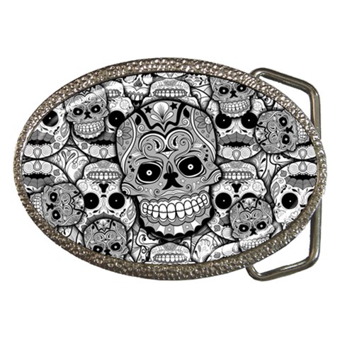 Sugar Skulls   Black And White Belt Buckle from ArtsNow.com Front