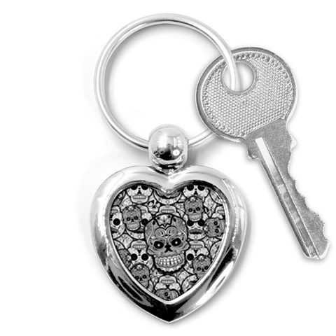 Sugar Skulls   Black And White Key Chain (Heart) from ArtsNow.com Front