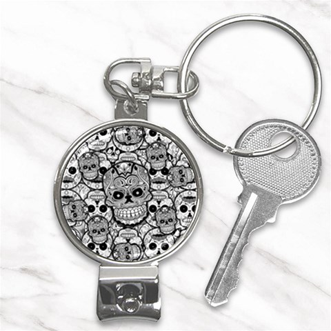 Sugar Skulls   Black And White Nail Clippers Key Chain from ArtsNow.com Front