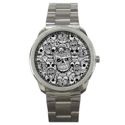 Sugar Skulls   Black And White Sport Metal Watch from ArtsNow.com Front