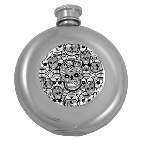 Sugar Skulls   Black And White Hip Flask (5 oz) from ArtsNow.com Front