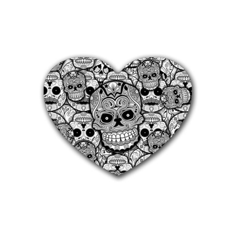 Sugar Skulls   Black And White Rubber Coaster (Heart) from ArtsNow.com Front