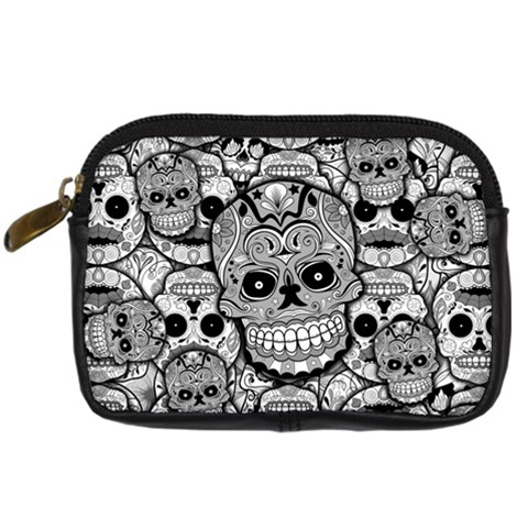 Sugar Skulls   Black And White Digital Camera Leather Case from ArtsNow.com Front