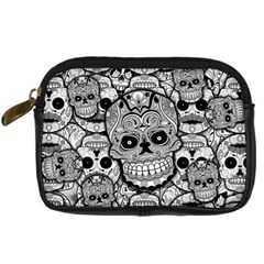 Sugar Skulls   Black And White Digital Camera Leather Case from ArtsNow.com Front