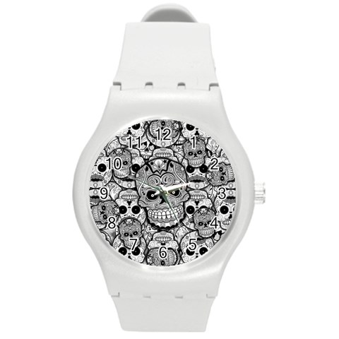 Sugar Skulls   Black And White Round Plastic Sport Watch Medium from ArtsNow.com Front