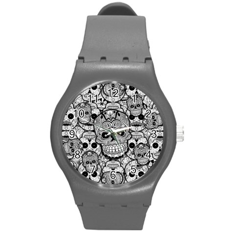 Sugar Skulls   Black And White Round Plastic Sport Watch Medium from ArtsNow.com Front