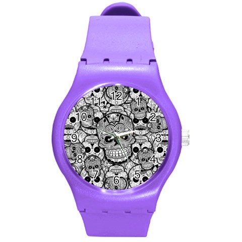 Sugar Skulls   Black And White Round Plastic Sport Watch Medium from ArtsNow.com Front