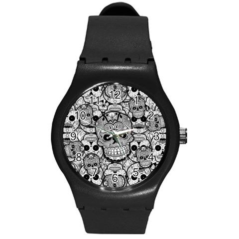 Sugar Skulls   Black And White Round Plastic Sport Watch Medium from ArtsNow.com Front