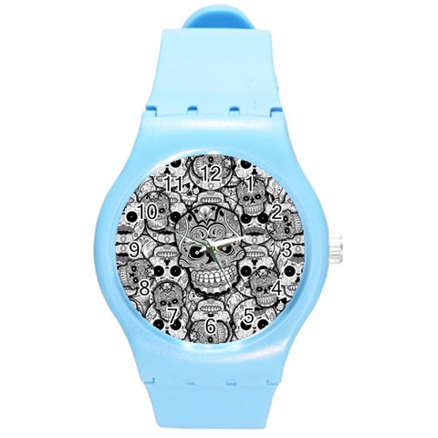 Sugar Skulls   Black And White Round Plastic Sport Watch Medium from ArtsNow.com Front