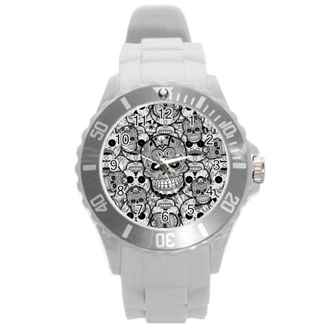 Sugar Skulls   Black And White Round Plastic Sport Watch Large from ArtsNow.com Front