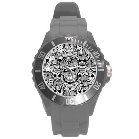 Sugar Skulls   Black And White Round Plastic Sport Watch Large from ArtsNow.com Front