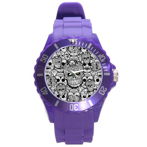 Sugar Skulls   Black And White Round Plastic Sport Watch Large from ArtsNow.com Front