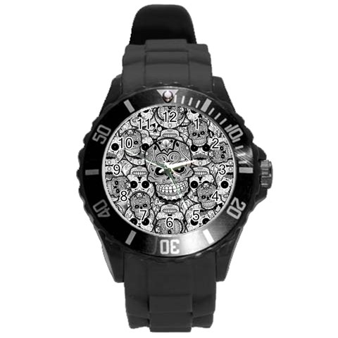 Sugar Skulls   Black And White Round Plastic Sport Watch Large from ArtsNow.com Front